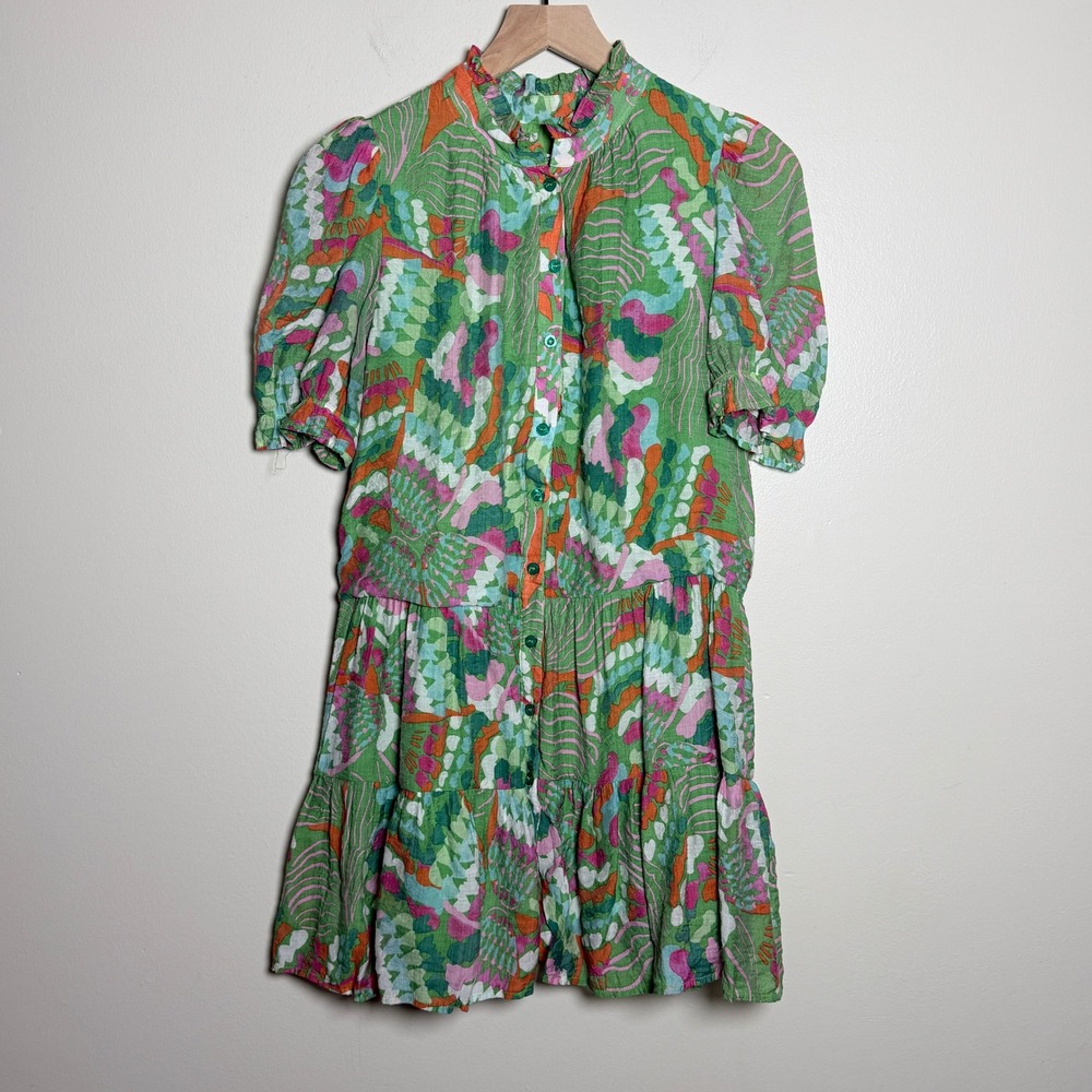 TCEC Womens Dress S Green Multi Abstract Print Ruffle Mock Neck Tiered Mini